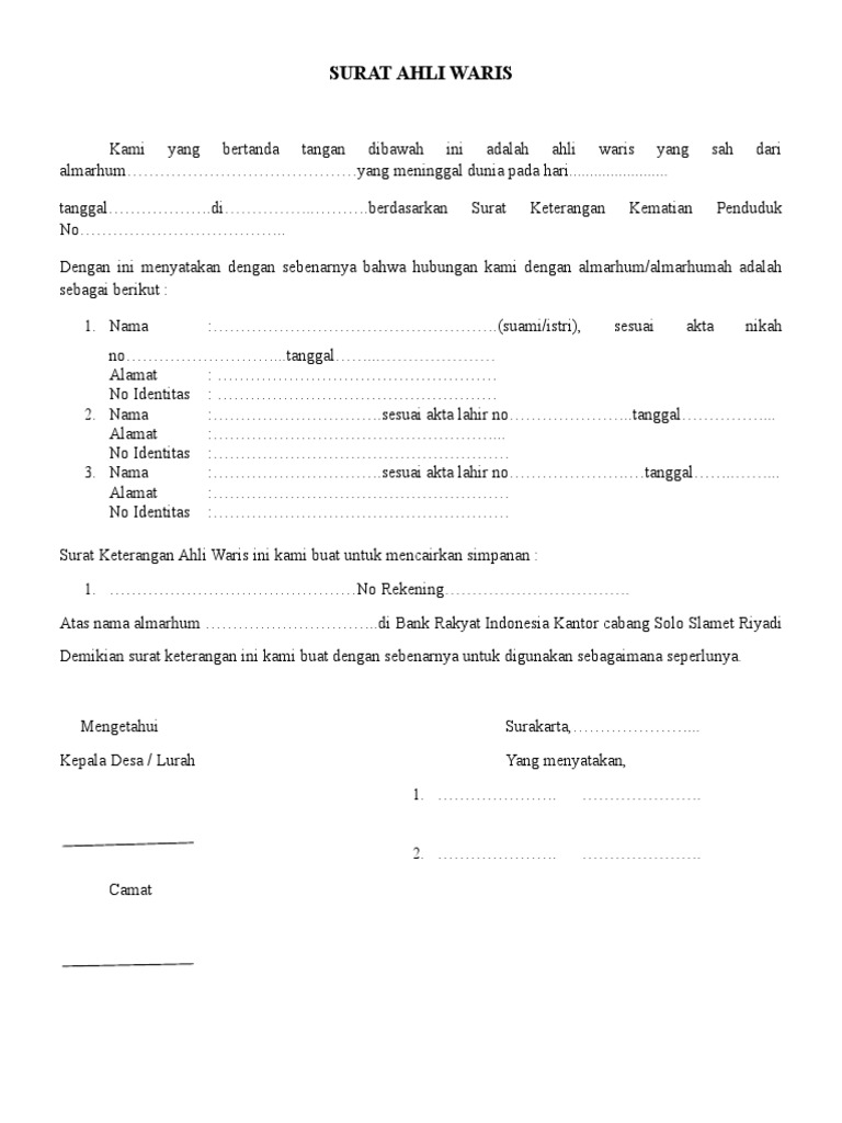 Contoh Surat Ahli Waris Pdf