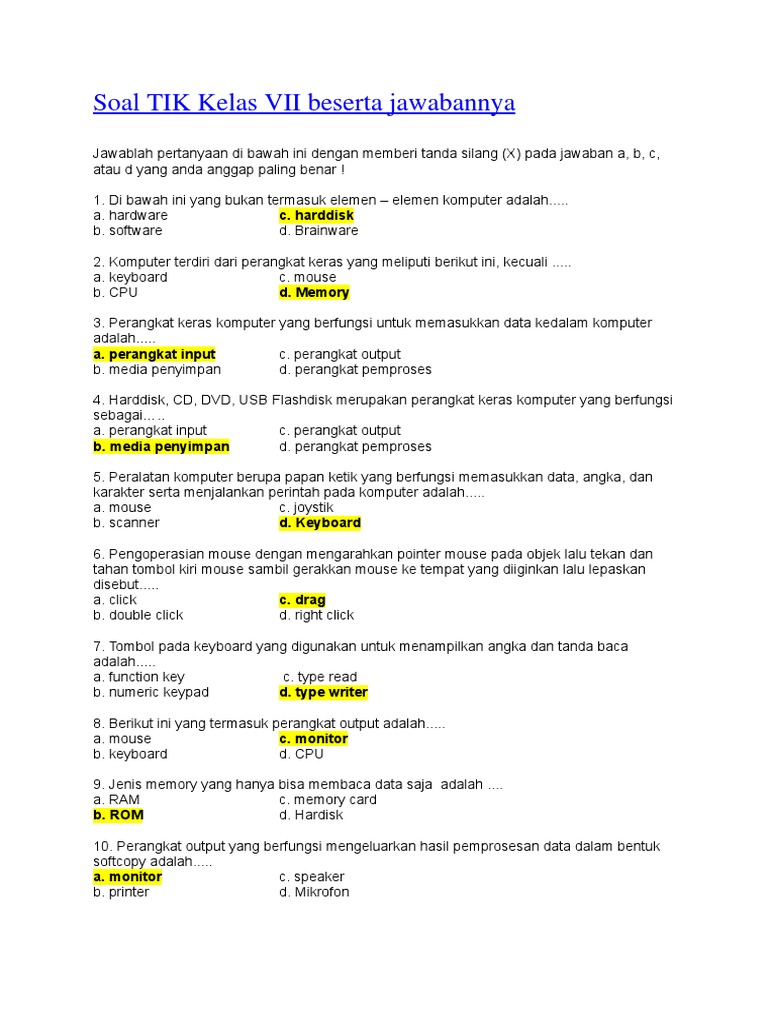 Soal Tik Kelas Vii Beserta Jawabannya