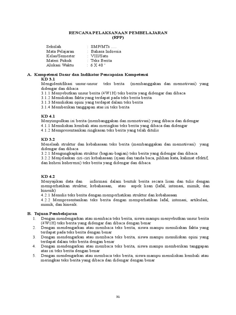 RPP BAHASA INDONESIA VIII PERTEMUAN 1 2017