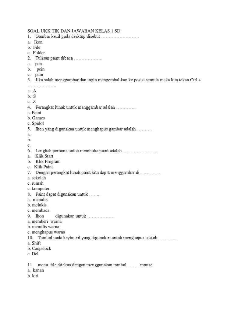 Soal Ukk Tik Dan Jawaban Kelas 1 Sd