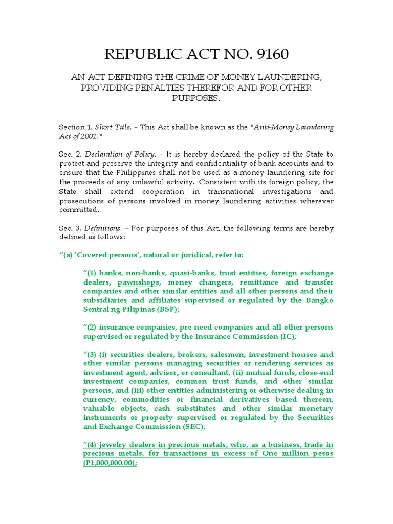 Amendments to Republic Act 9160 | PDF | Money Laundering | Asset Forfeiture