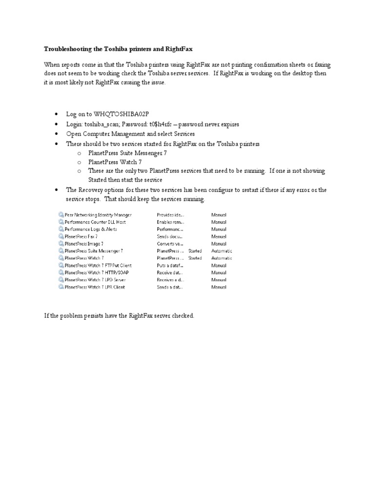 Troubleshooting The Toshiba Printers and Rightfax PDF Login