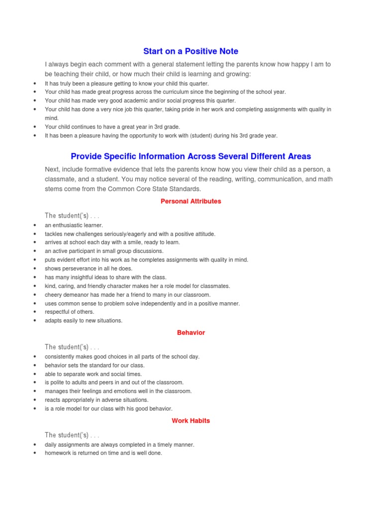 Positive Student Progress Report Template | PDF | Reading Comprehension ...