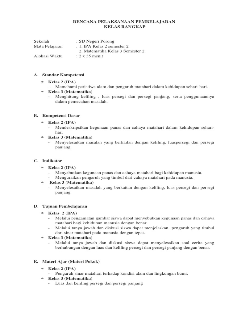 Contoh Rpp Kelas Rangkap Kelas 1 Dan 2 Semester 2 Ktsp