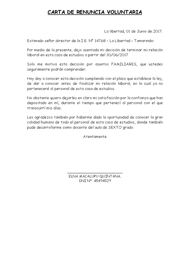 Carta de Renuncia Voluntaria
