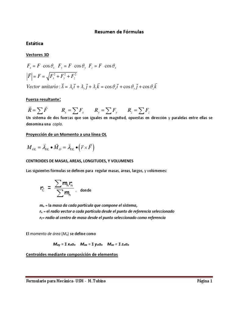 Fórmulas Mecánica Est C1 | PDF | Fricción | Vector Euclidiano