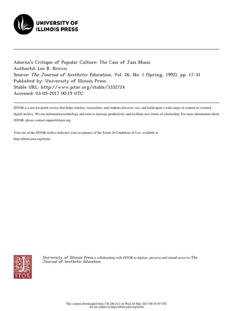 Adorno's Critique of Popular Culture The Case of Jazz Music PDF