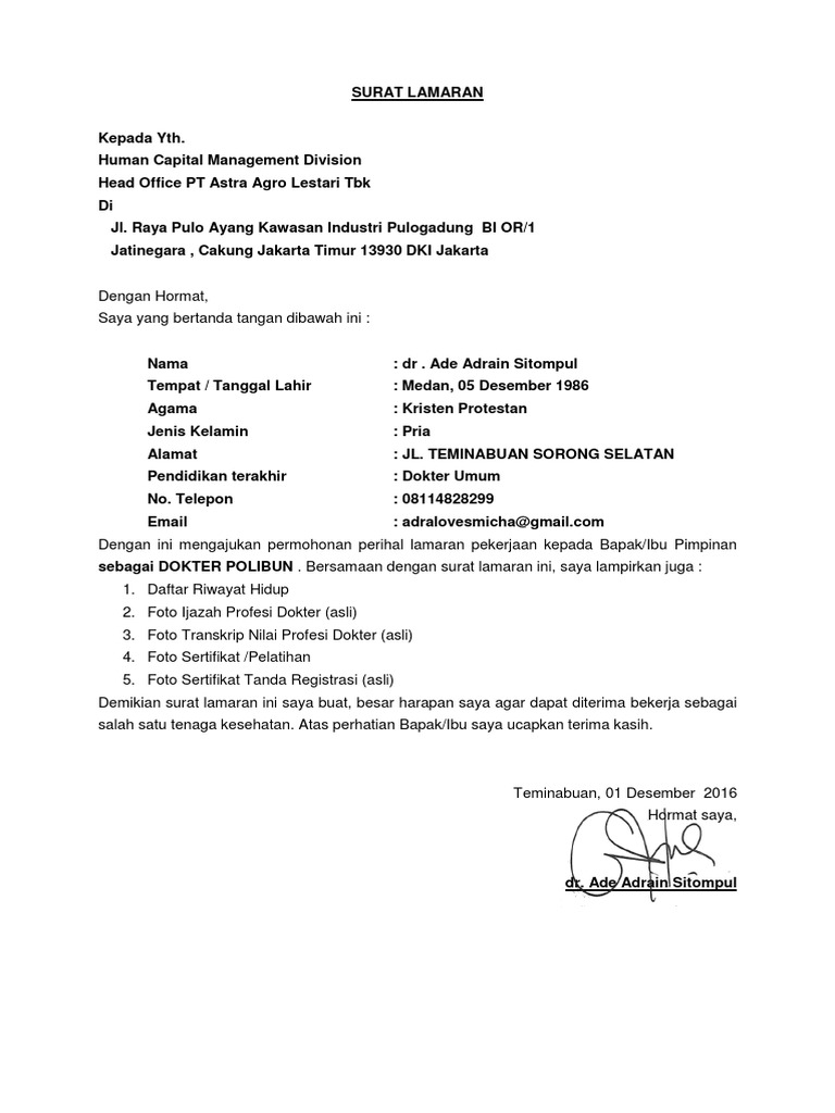 Surat Lamaran Pt Astra Agro Lestari Tbk