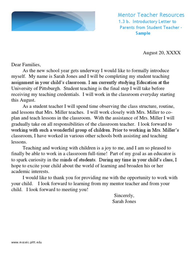 1 3 B Sample Introductory Letter To Parents Student Teacher Pdf