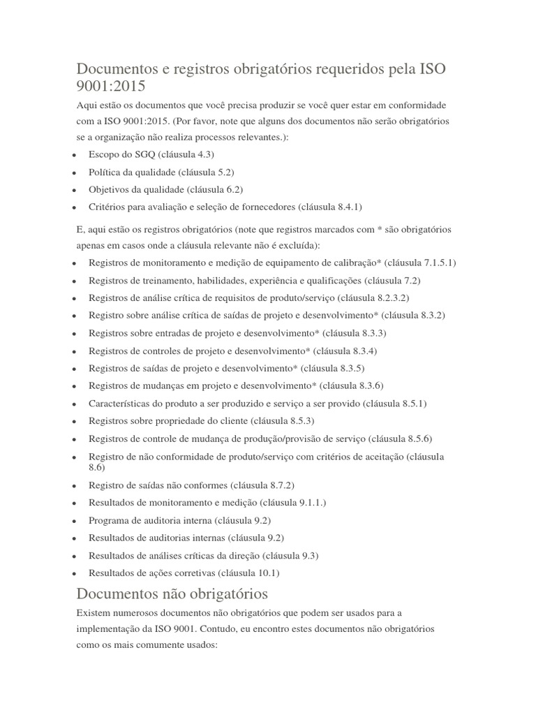 Documentos e Registros Obrigatórios Requeridos Pela ISO 9001 | PDF ...