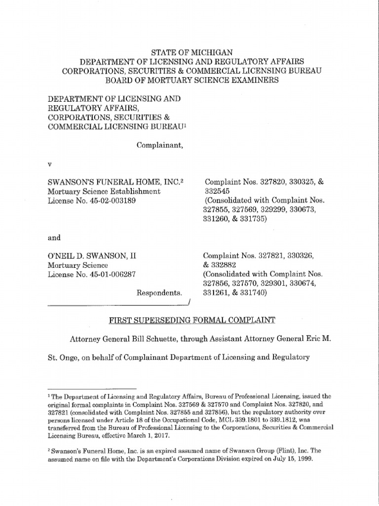 Formal Complaint Against Swanson Funeral Home in Flint Michigan PDF