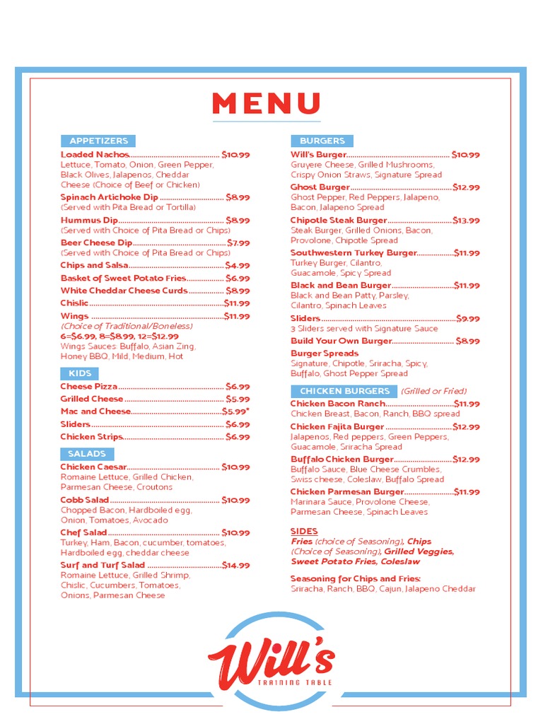 Will's Training Table Menu Hamburgers Salad Free 30day Trial Scribd