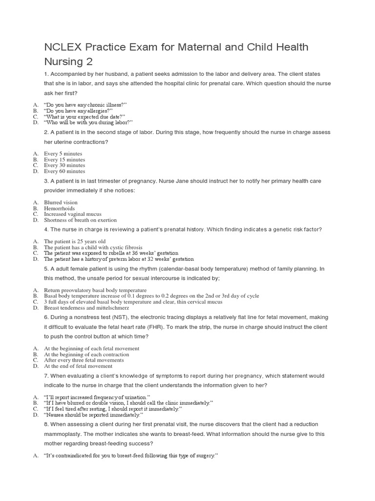 PNLE NCLEX Practice Exam For Maternal and Child Health Nursing 2 PDF