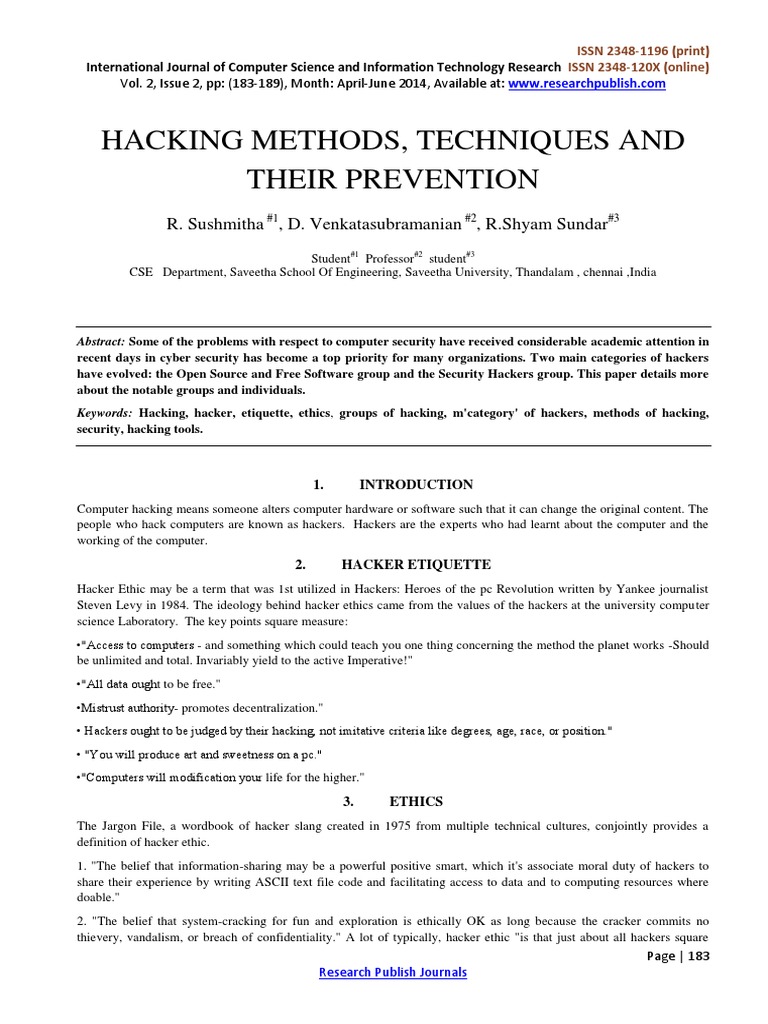 Hacking Methods - Sushmitha, Et Al - 2014 PDF | PDF | Security Hacker ...