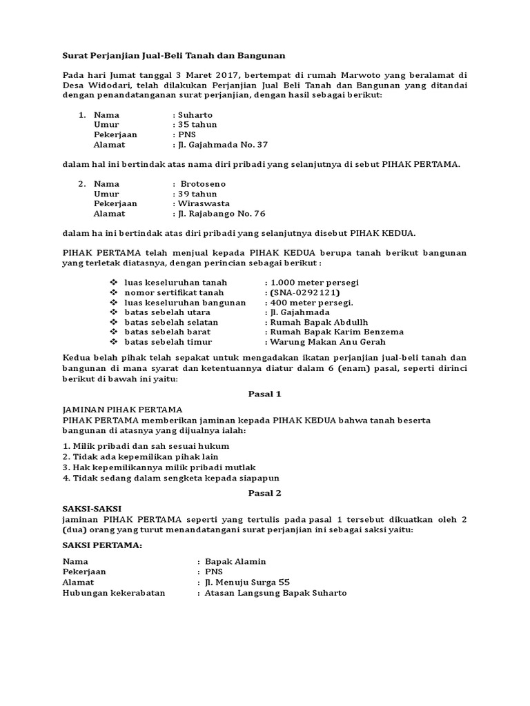 Surat Perjanjian Jual Beli Tanah Dan Bangunan | PDF