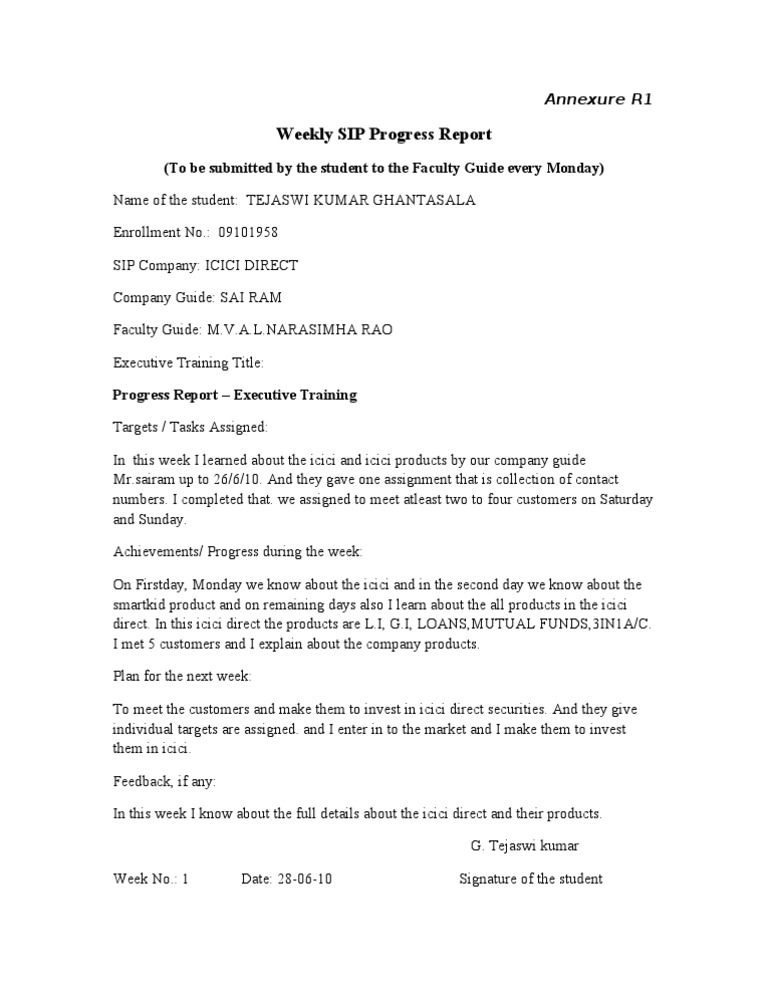 Weekly SIP Progress Report: (To Be Submitted by The Student To The ...