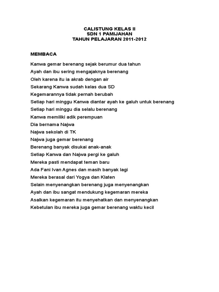 Calistung Kelas Ii Sdn 1 Pamijahan