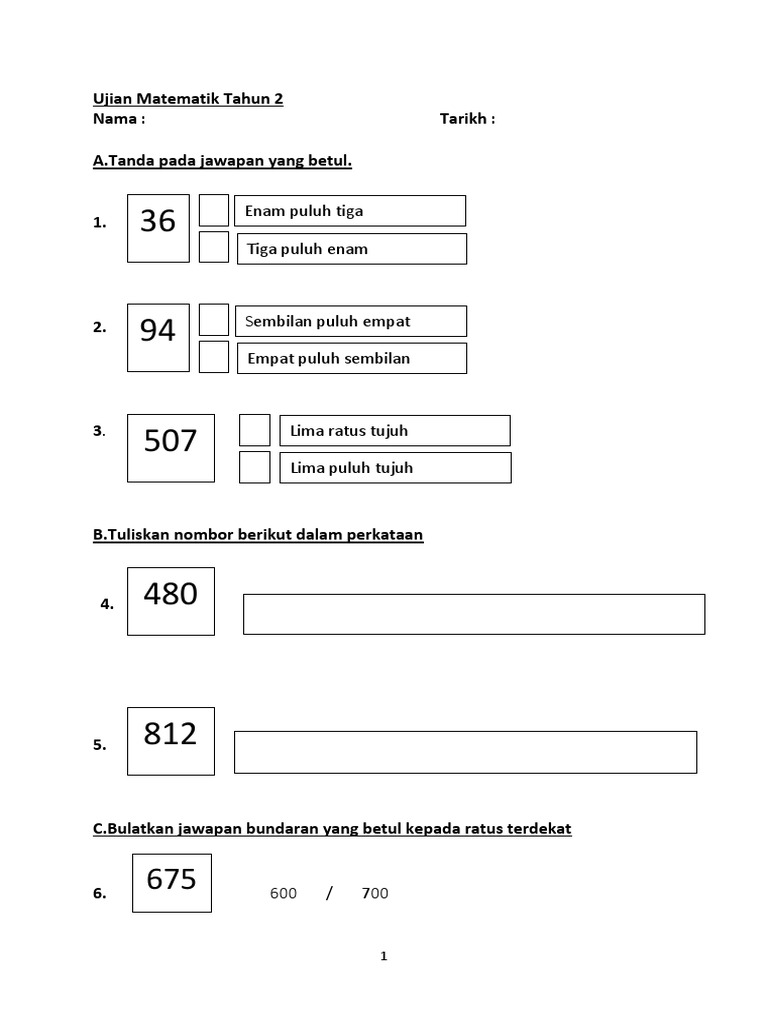 Soalan Matematik Tahun 2 Pdf