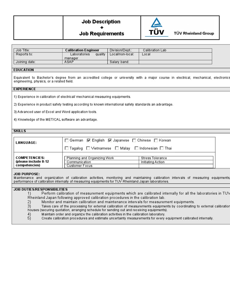 Calibration Engineer Job Overview | PDF | Calibration | Competence ...
