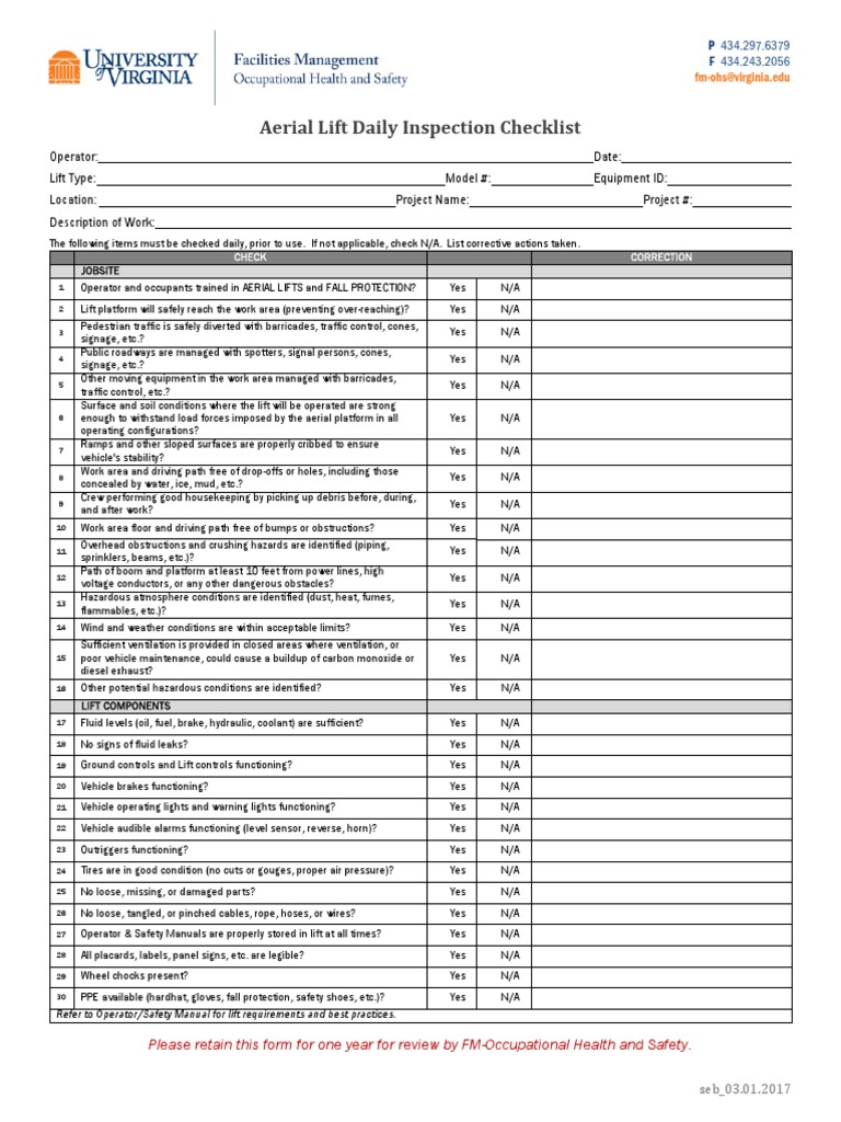 Aerial Lift Inspection Checklist | PDF | Vehicles | Traffic