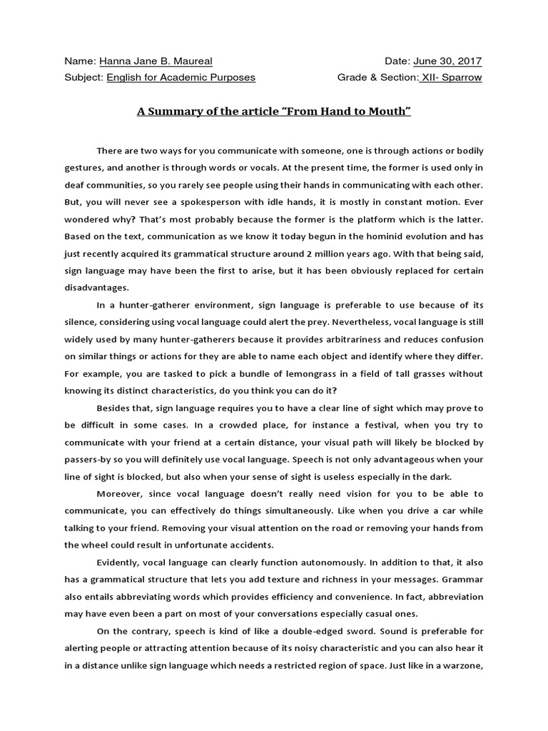 A Summary of The Article "From Hand To Mouth" PDF Sign Language
