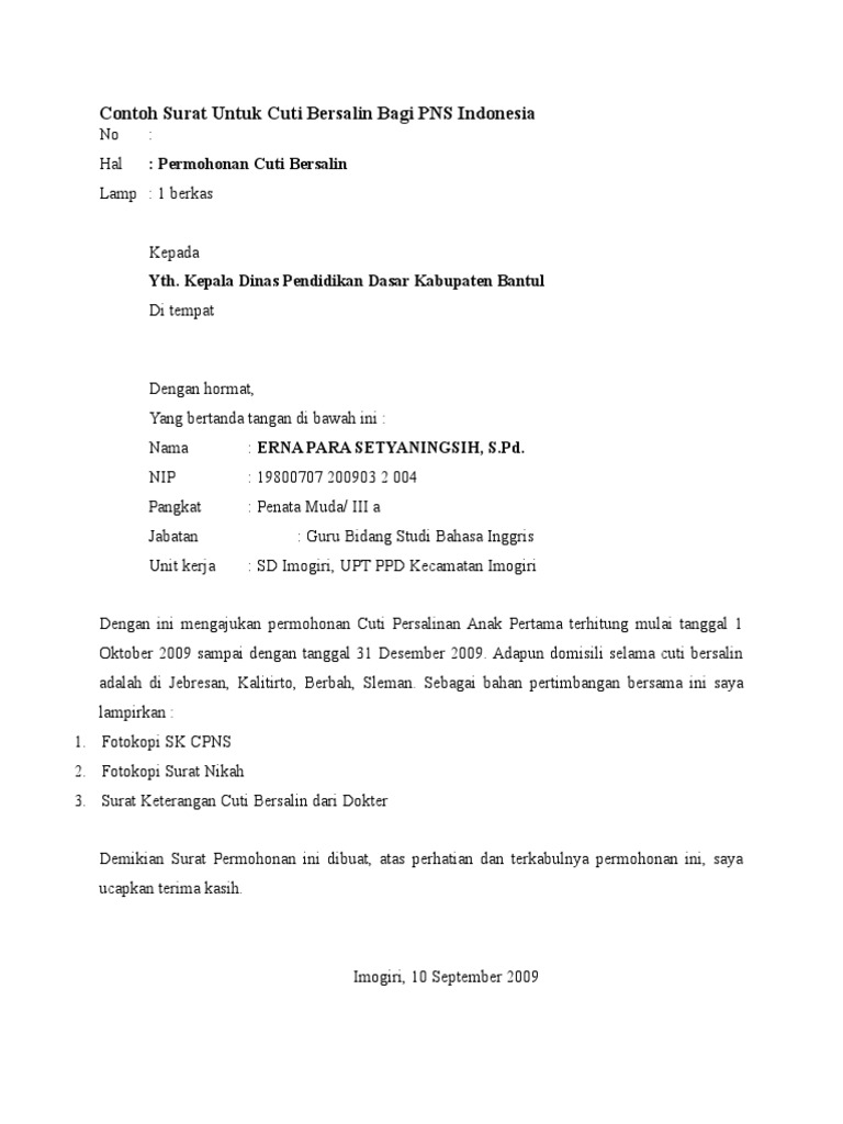 Contoh Surat Untuk Cuti Bersalin Bagi Pns Indonesia