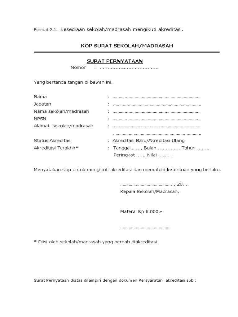 Surat Pernyatakan Kesedian Mengikuti Akreditasi Sd Mismp Mts Sma Smk