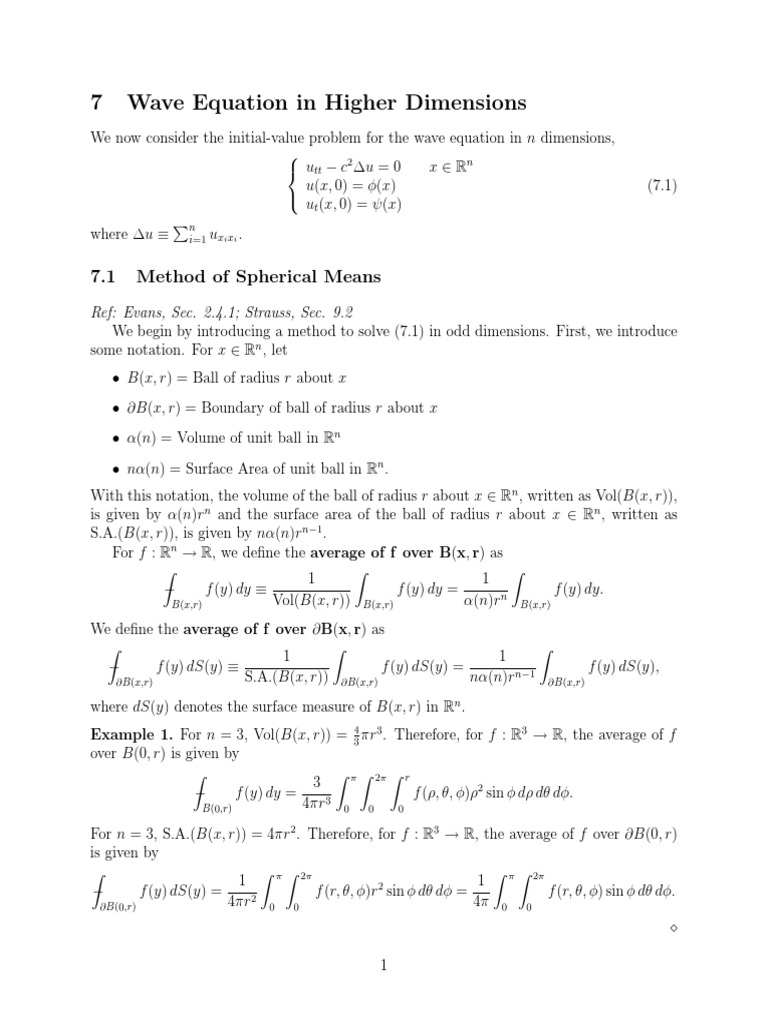 7 Wave Equation in Higher Dimensions 7.1 Method of Spherical Means PDF Wave Equation