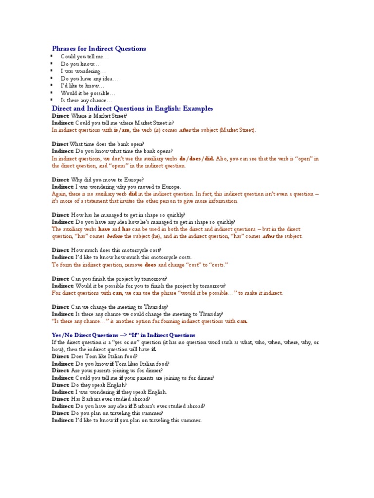 Phrases For Indirect Questions | Descargar gratis PDF | English ...
