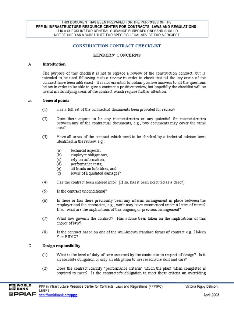 Lenders Concerns Construction Contract Checklist Download Free Pdf
