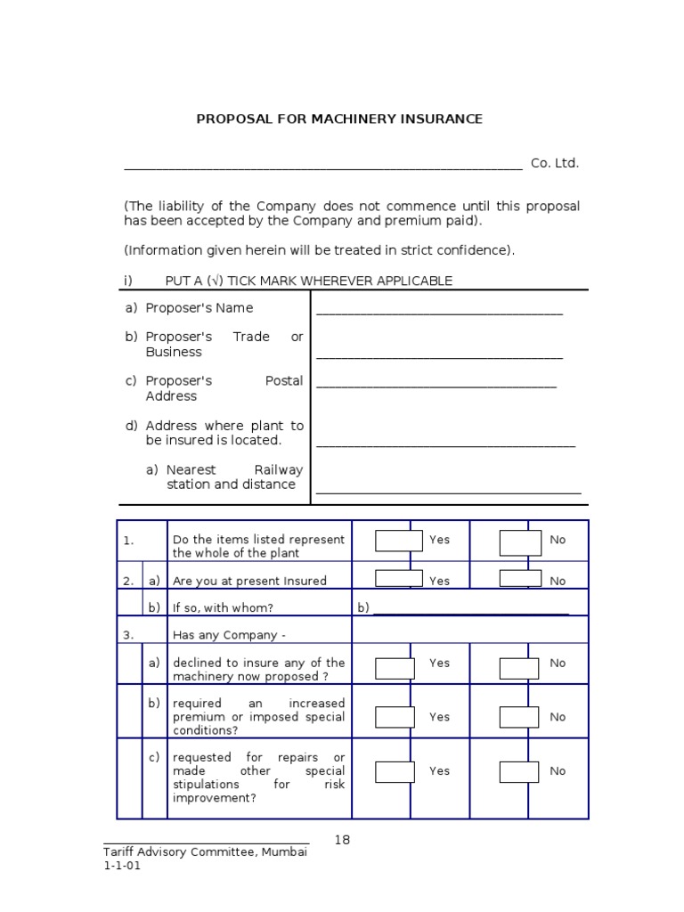 MACHINERY BREAKDOWN INSURANCE Proposal Form Liability Insurance