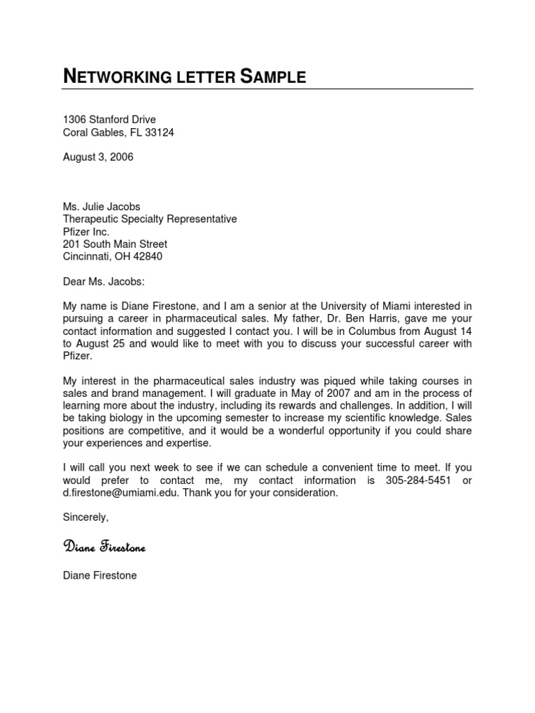 Networking Letter Sample PDF Pharmaceutical