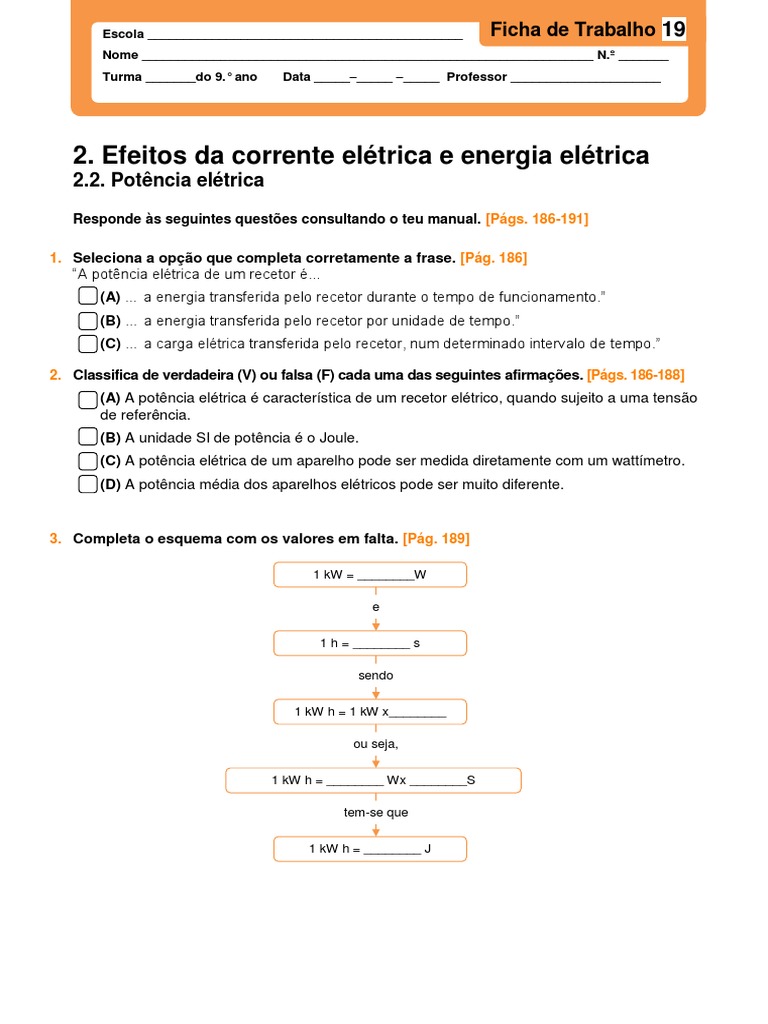 Potência e Energia Elétrica: Exercícios 9º Ano | PDF | Potência (Física ...
