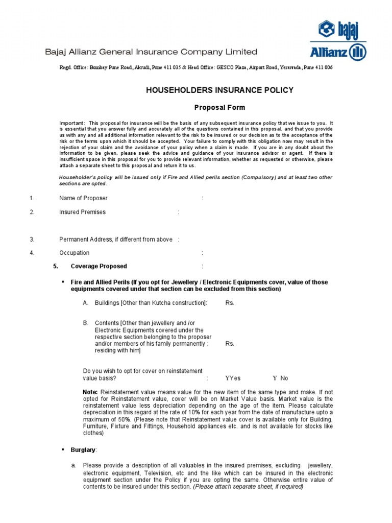 Householders Insurance Policy Proposal Form PDF Workers