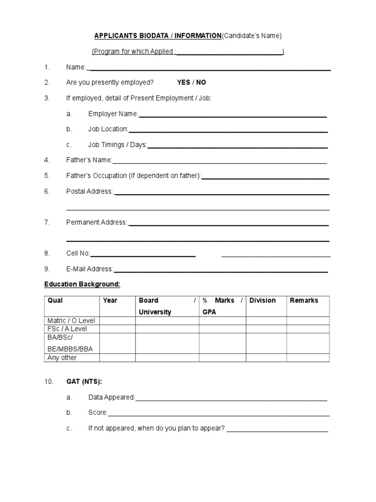 Applicant Biodata Form for Admission | PDF | Business