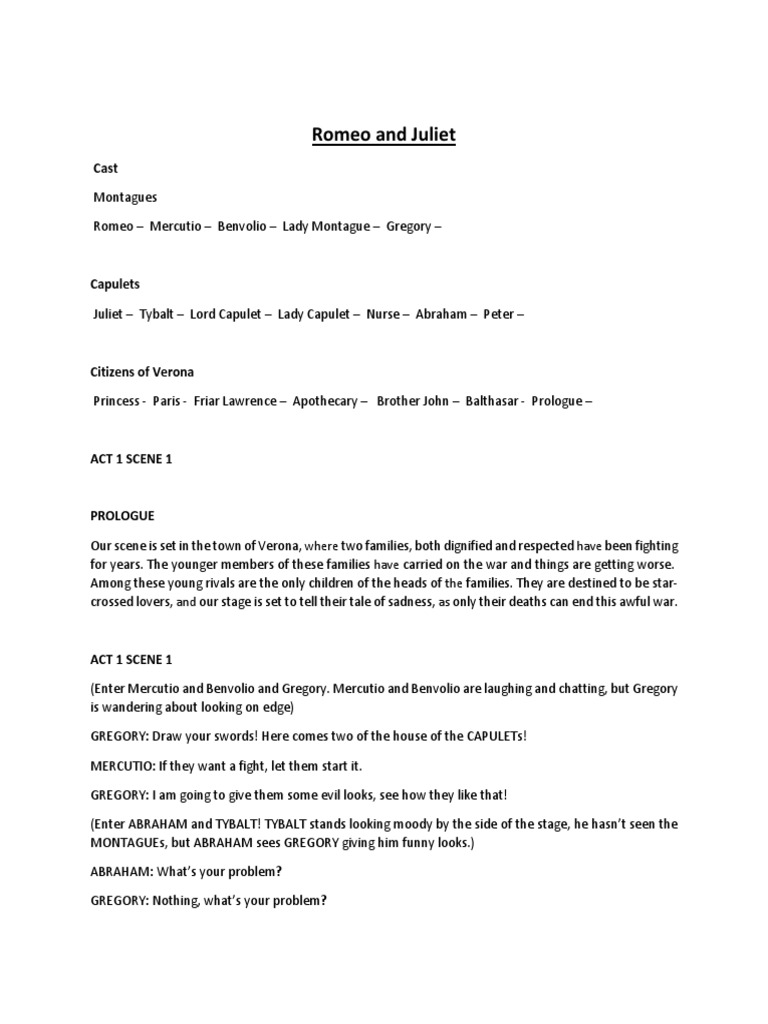 Romeo and juliet short script docx characters in romeo and juliet