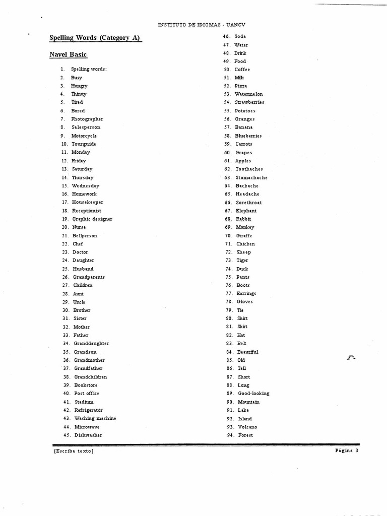 Spelling Words (Category A) Navel Basic PDF Beverages Beverages