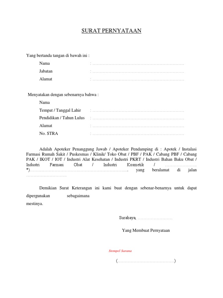 Surat Pernyataan Kerja Apoteker | PDF