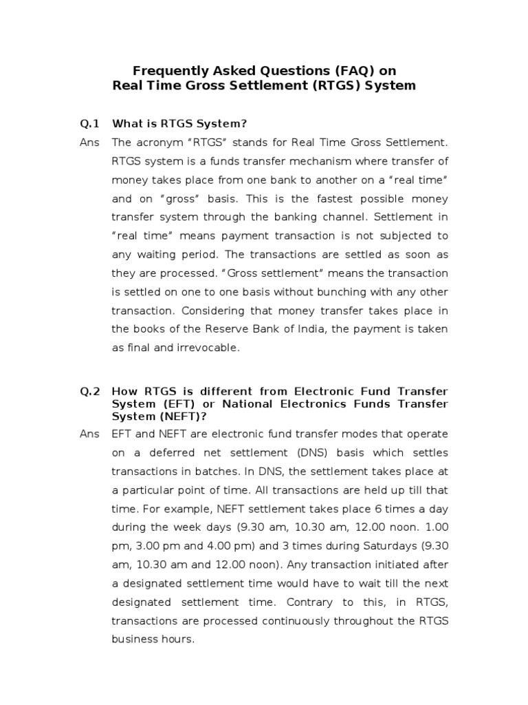 RTGS System: Key FAQs and Features | PDF | Reserve Bank Of India ...