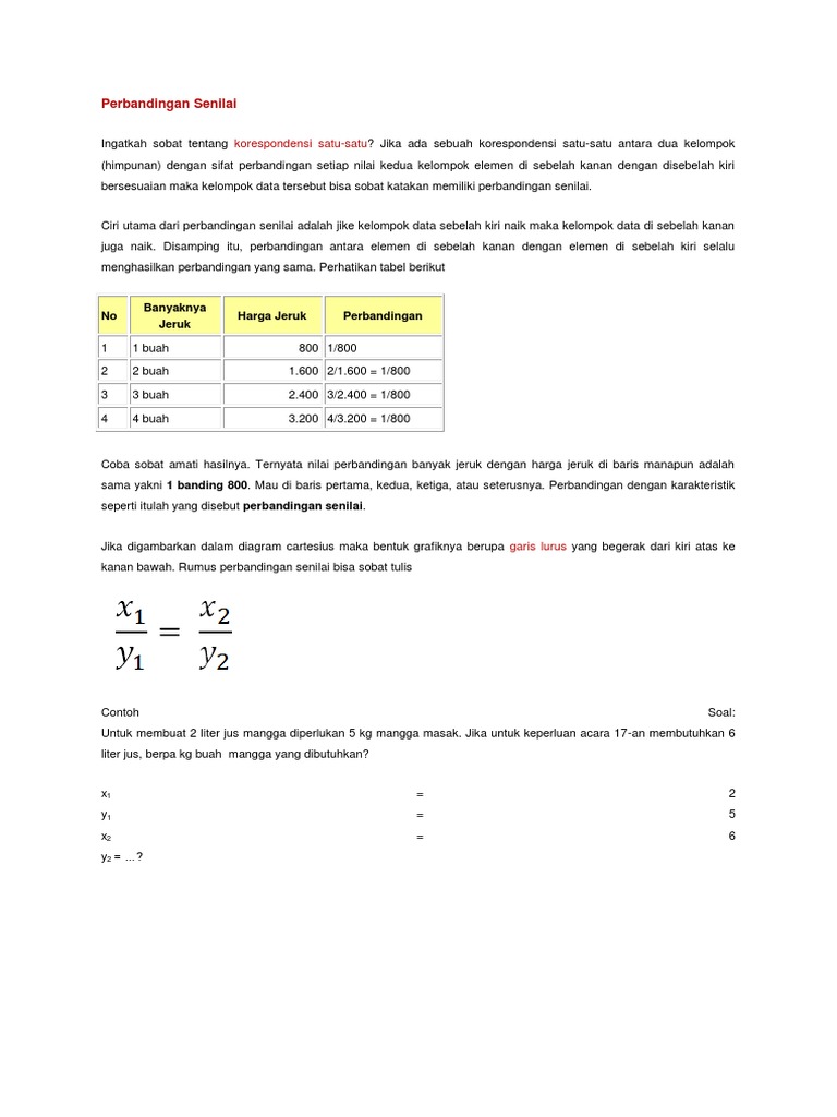 Contoh Soal Perbandingan Senilai Dengan Tabel Dan Grafik