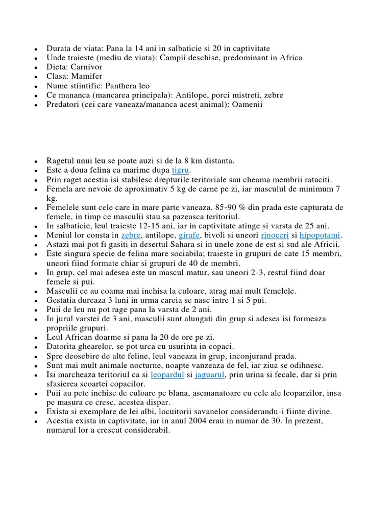 Compunere Despre Leu Referat Leu