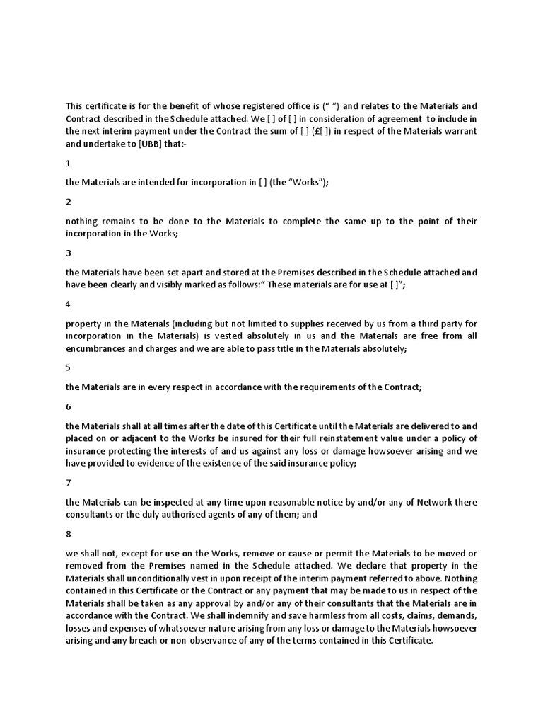 Certificate of Vesting of Materials | PDF
