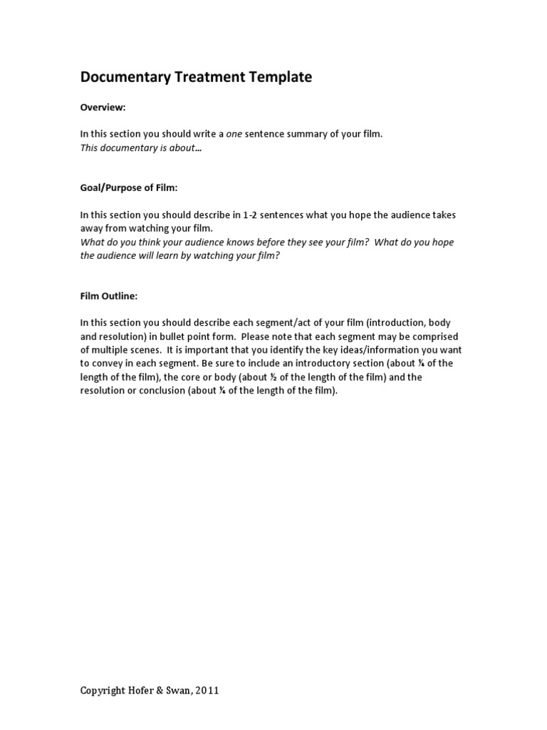 Documentary Treatment Template  PDF For Documentary Proposal Template