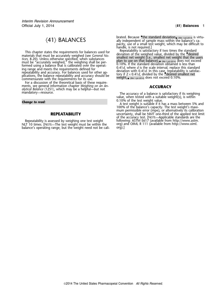 USP 41 Balances PDF Weighing Scale Accuracy And Precision