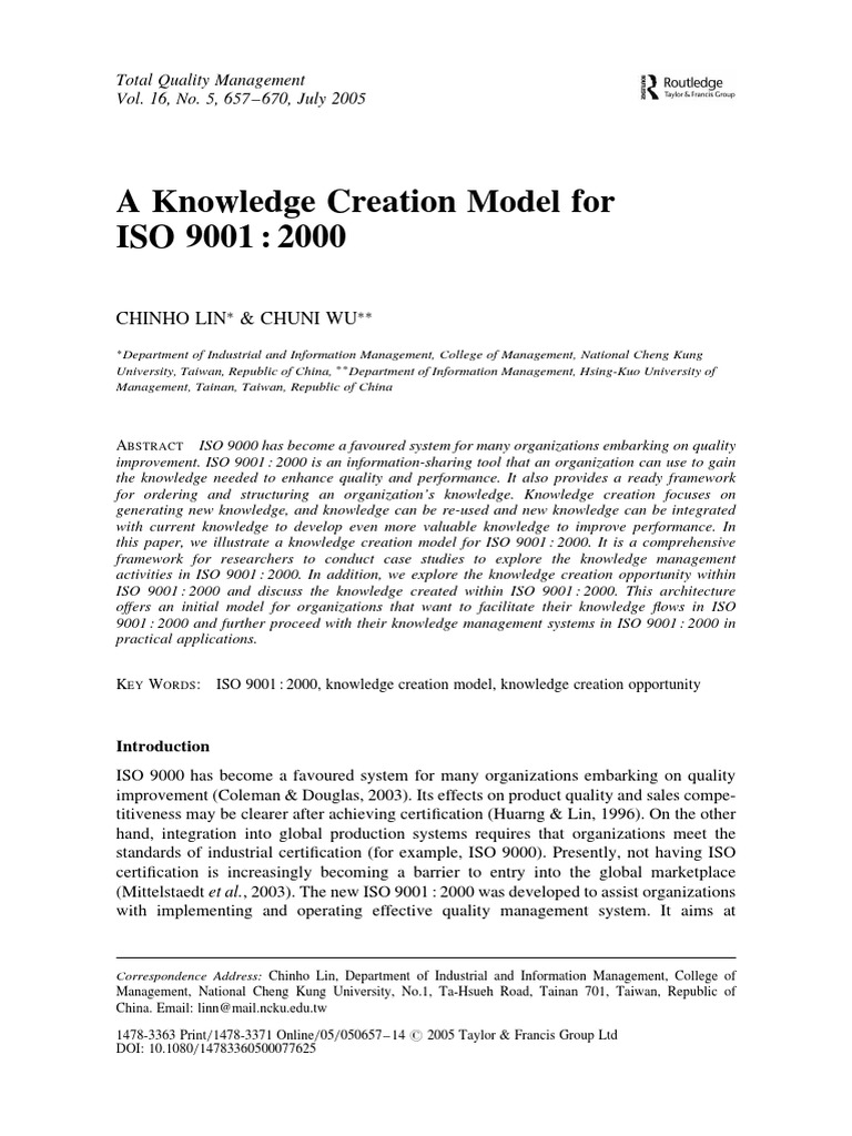 Knowledge Creation in ISO 9001:2000 | PDF | Iso 9000 | Tacit Knowledge