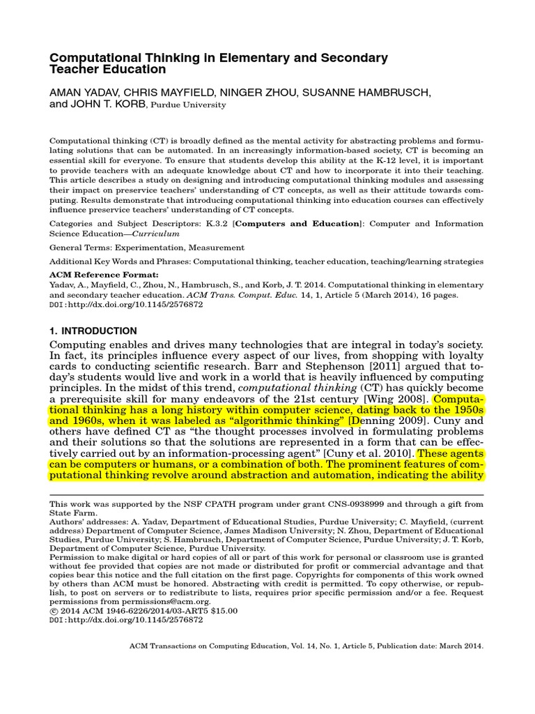 Yadav - Computational Thinking in Elementary and Secondary Teacher ...