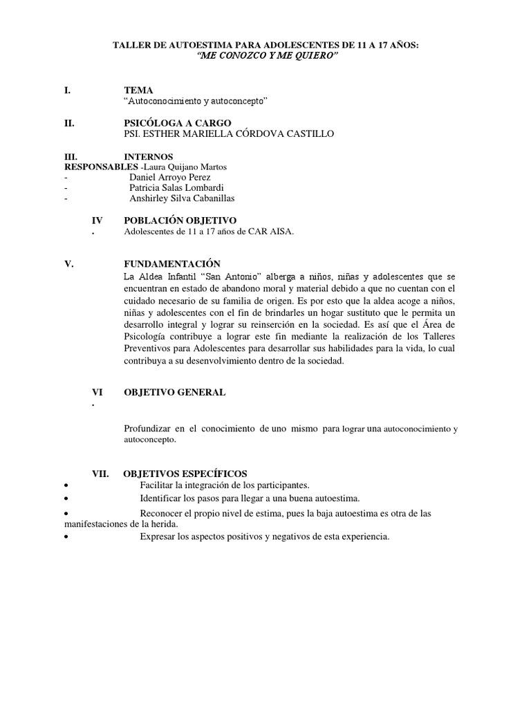 Taller de Autoestima para Adolescentes de 11 A 17 Años | PDF ...