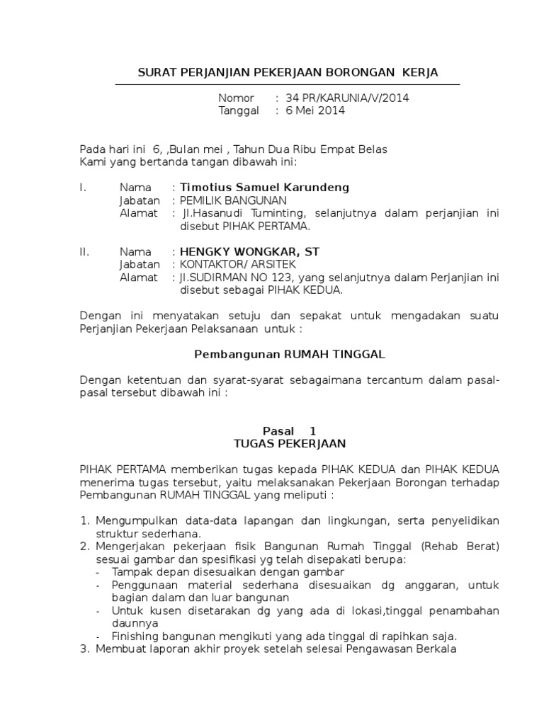 Surat Perjanjian Kerja Borongan Tukang