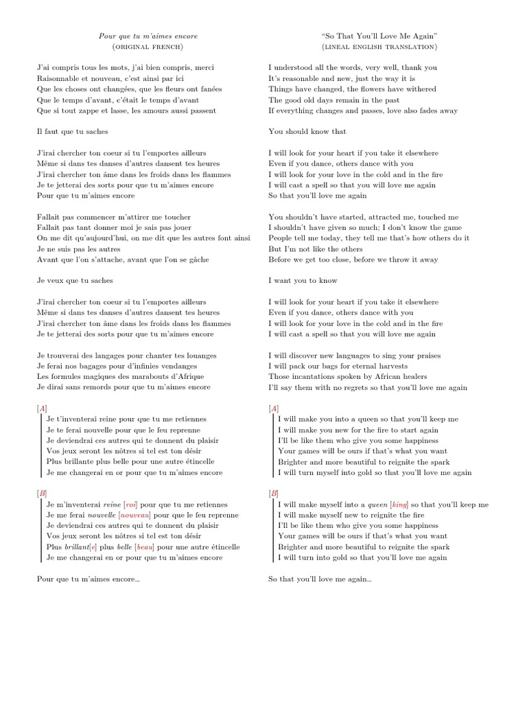 Paroles Pour Que Tu M aimes Encore Français Pour Que Tu M'aimes Encore (Line-By-Line English Translation) | PDF |  Divertissement (Général)