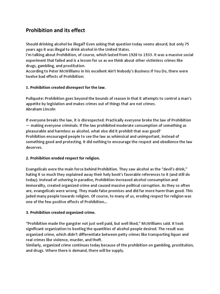 PROHIBITION AND ITS EFFECTS intelligence overview